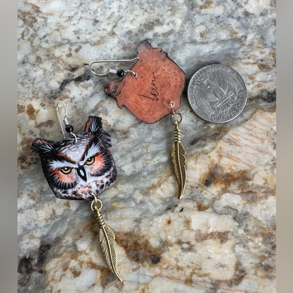 Great horned owl handpainted earrings w feather charm sterling wires OOAK - Picture 4 of 5